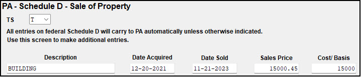 Image showing how to force PA Schedule D to be produced when the gain/loss is zero.